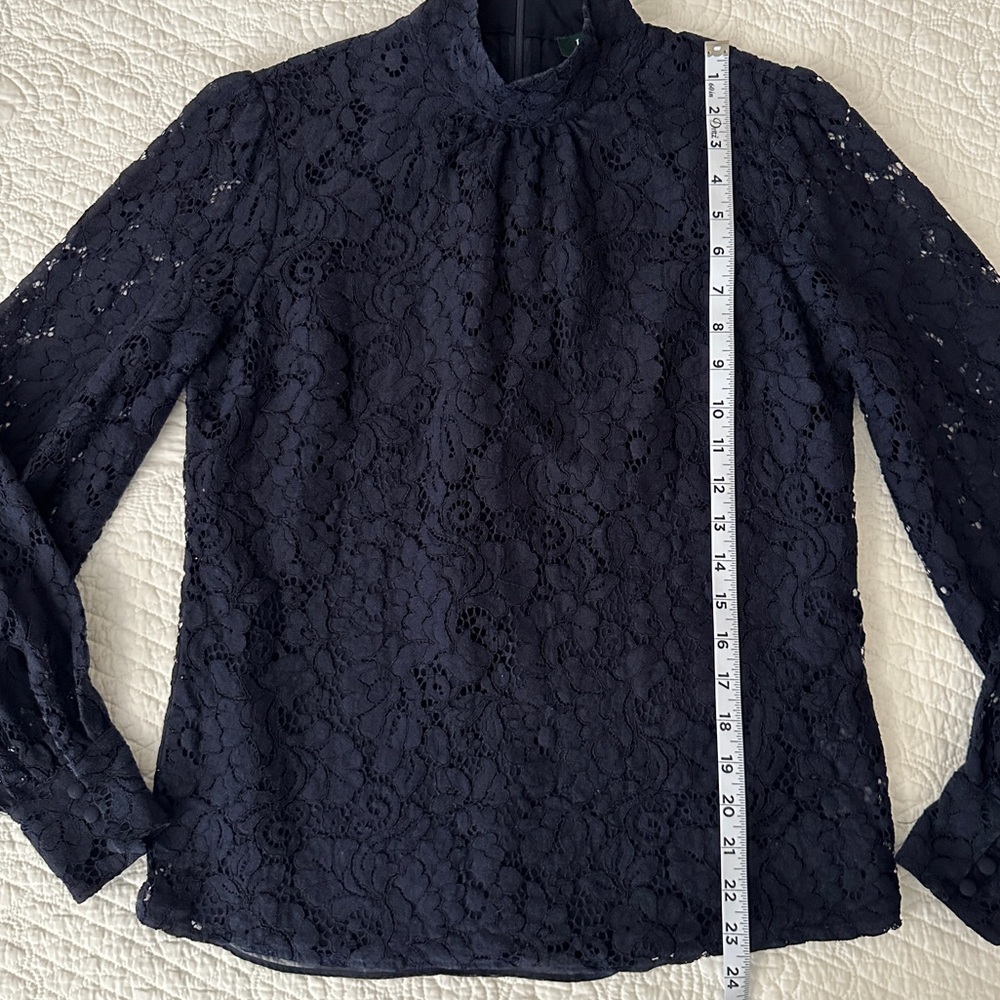 Lauren Ralph Lauren Women’s Navy Blue Lace Top Blouse Long Sleeve Mock Neck Sz 4 - Picture 6 of 9